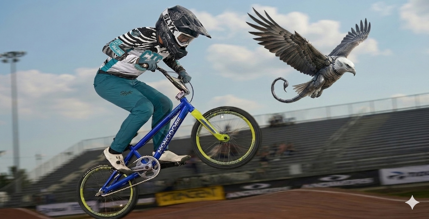 Rider on a blue bicycle with a bald eagle flying nearby, against a clear sky.