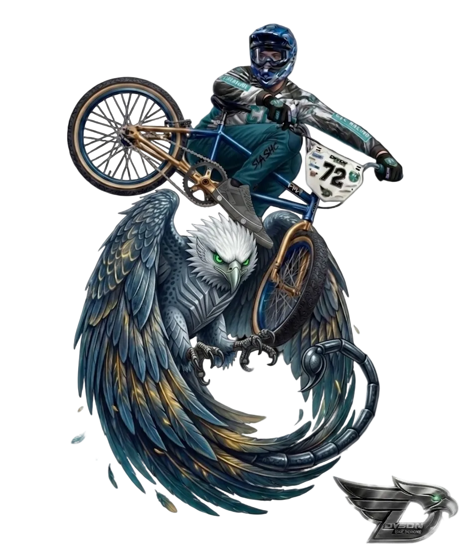 Illustration of a biker on a bike with an eagle design, featuring CTC/Dyson Bike Designs branding.