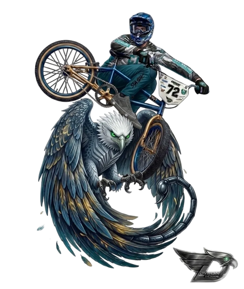 Illustration of a biker on a bike with an eagle design, featuring CTC/Dyson Bike Designs branding.